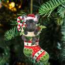 2 x Black French Bulldog Christmas Acrylic Flat Ornament - Frenchie Puppy in Stocking with Santa Hat - Perfect Holiday Tree Decoration for Dog Lovers- 2024 Black Frenchie Dog Christmas Ornament