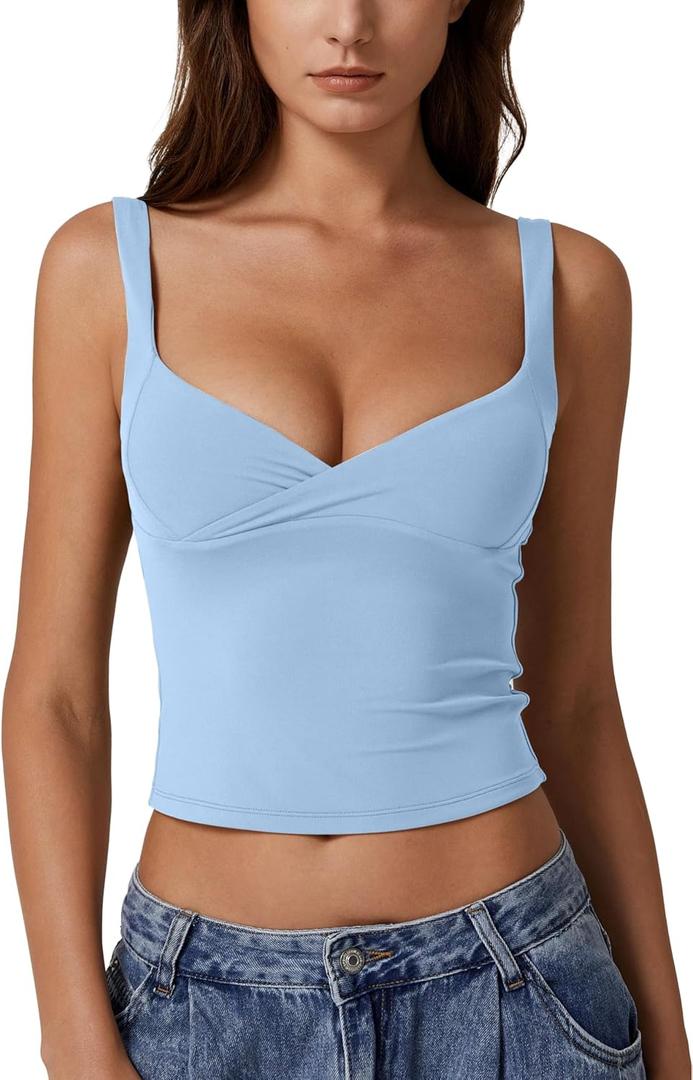 QINSEN Women's Sleeveless Sexy Backless Going Out Crop Top Strappy V Neck Tank Top Summer Tight Slim Fit Cute Shirts Light Blue, Medium