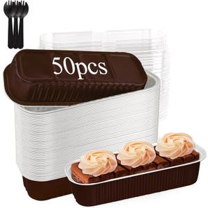 Liatinbo 50 Pack Mini loaf pans with lids,Mini cake pans with lids,Disposable Aluminum Foil Baking Cups Muffin Tins for Convenient Baking and Serving at Birthday Parties(Coffee)