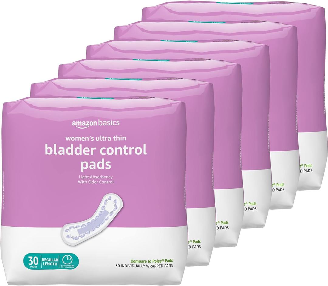 Amazon Basics Women's Incontinence Pads, Bladder Control & Postpartum, Light Absorbency, Unscented, 180 Count , (6 Packs of 30)