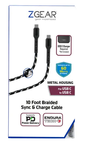 Zgear USB-C/C Fast Charge Braided Cable with EnduraTech