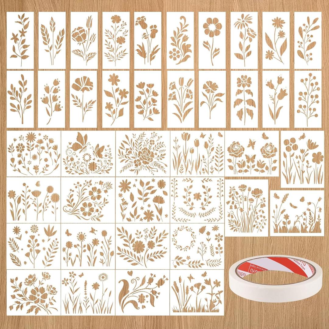 WSICSE 40 Pieces Flower Stencils for Painting, Reusable 40 Floral Designs Stencils for Drawing on Wall Decor Wood Rocks Canvas Fabric DIY Scrapbook Card Glass Pottery (36 & 4.76 Inch)