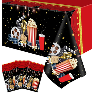 Buryeah 3 Pieces Movie Night Tablecloth Plastic Table Covers Movie Theater Table Cloth for Party Supplies Red Carpet Birthday Party Decor, 54 x 108 Inch