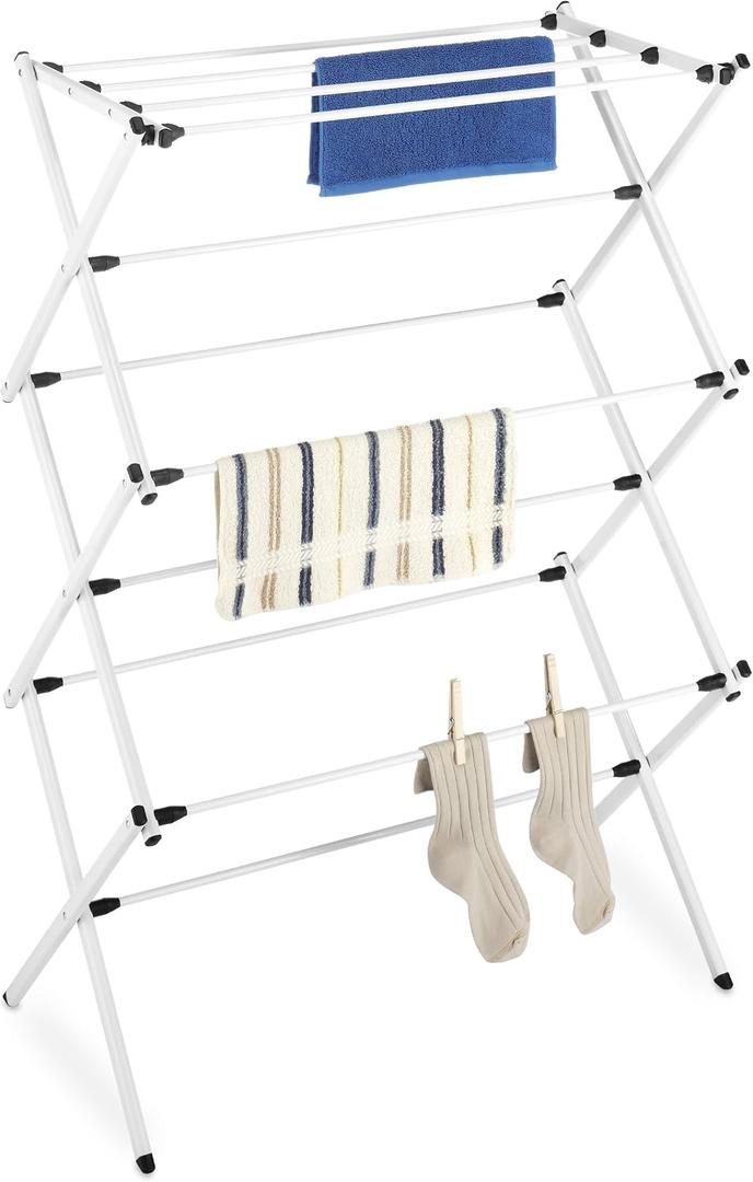 Whitmor Foldable Clothes Drying Rack: 3 Tier Laundry Drying Rack, Collapsible Drying Rack Clothing, Portable Space Saving Clothing Rack for Indoor Outdoor, 14.50" L x 29.625" W x 41.75" H, White, Large