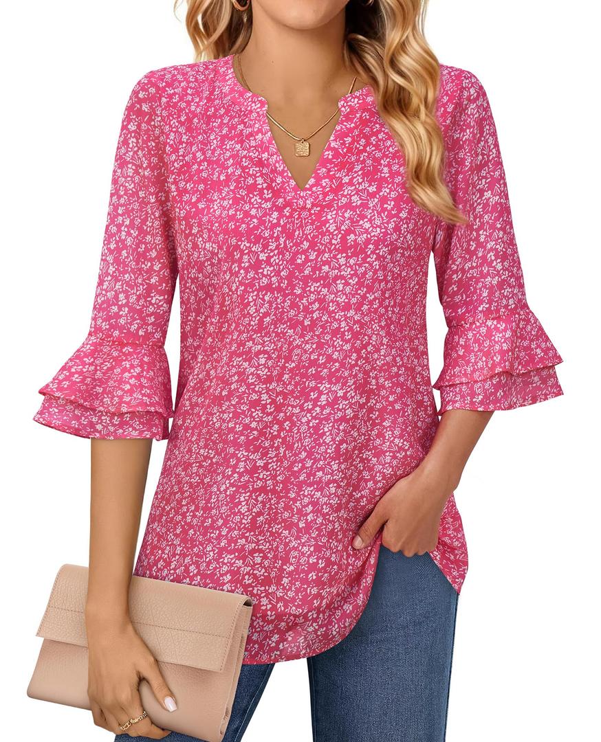 Womens Work Office Tops 3 4 Half Sleeve Dressy Casual Blouses for Women Business Casual Ruffle Sleeve Party Evening Dress Up Chiffon Floral Printed Going Out Modest Clothes Pink Floral Large (Pink, L)