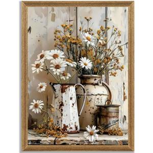 Krtoni Framed Farmhouse Vintage Canvas Wall Art, Rustic Floral Paintings Artwork Wall Decor, White Daisy Flower With Iron Kettle Theme Poster Print for Living Room Bedroom Bathroom Study 16''L x 12''W