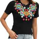 Mexican Shirts for Women Embroidered Tops Traditional Summer Blouse Women's Floral Tunic Round Neck Short Sleeve (Medium, Pattern Sunflower Black)