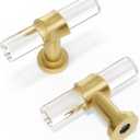Peaha 10 Pack Cabinet Knobs T Shape Acrylic Drawer Knob Gold Decorative Hardware for Dresser Cupboards (Single Hole)
