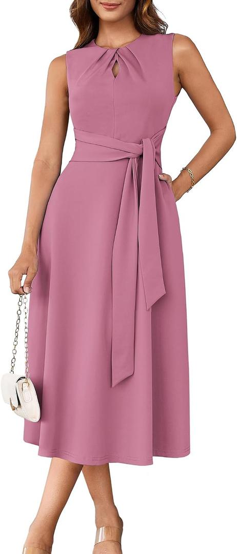 GRACE KARIN Women 2026 Work Dress Sleeveless Tie Waist Elegant Party Cocktail A Line Flowy Midi Dresses with Pockets L