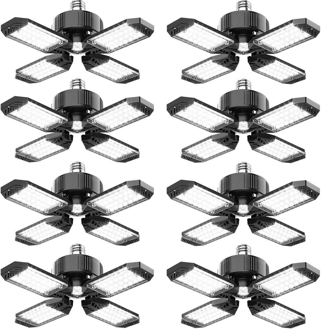 Garage Light - 8PACK 130W 13000LM Deformable 4+1 Panel LED Garage Ceiling Lights with LED Transformer, E26/27 Base, 6500K Daylight White Shop Light for Factory, Storage Room, Warehouse