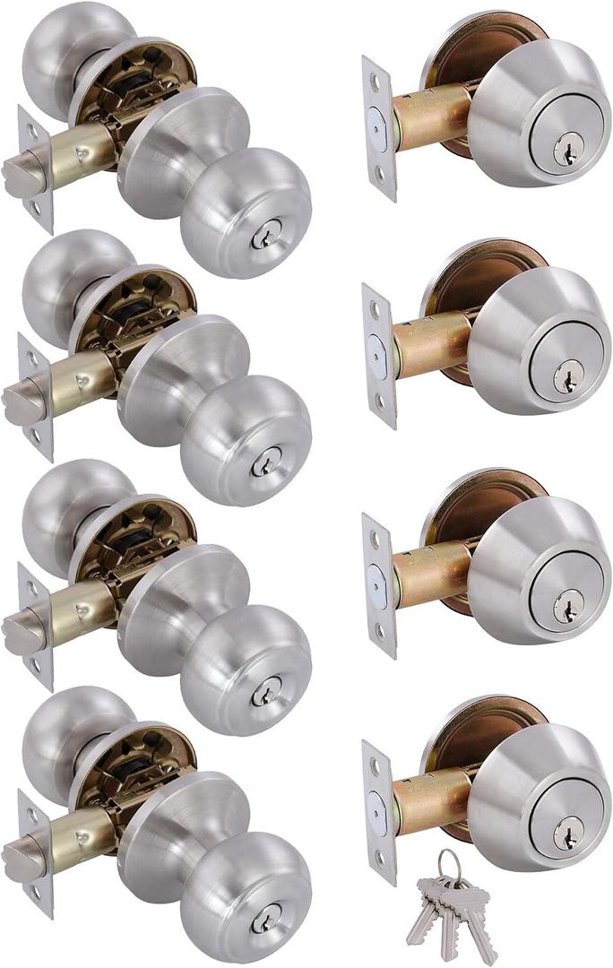 (4 Pack) All Keyed Identical Deadbolt Door knob Single Cylinder Deadbolt Lock Combo Set, Classic Satin Nickel Exterior Door Knobs with Deadbolt Entrance and Front Door Lock