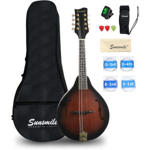 Sunsmile A-Style 8 String Acoustic Mandolin Guitar Instrument with Spruce Top F Holes Body Okoume Neck Rosewood Bridge for Beginners with Gig Bag, Cable, Tuner, Strings, Strap, Picks and Polish Cloth.