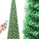 6 FT Pop Up Christmas Tree with 100 LED Timer Lights & Remote, Green Collapsible Christmas Tinsel Tree Artificial Pencil Tree Xmas Decoration for Holiday Home Office Party, USB Powered (Green - White Edges)