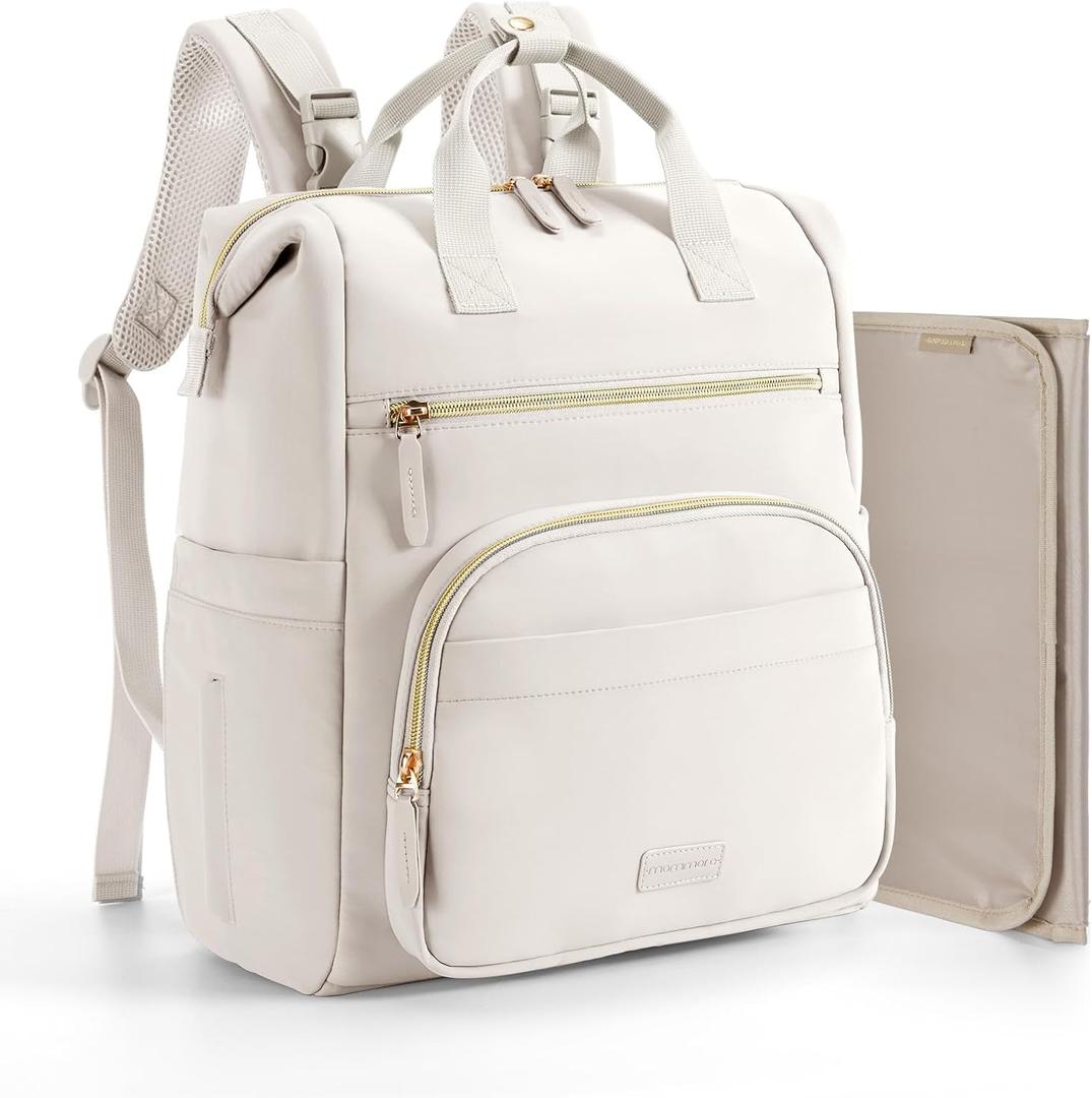 mommore Neoprene Diaper Bag Backpack Small Lightweight Baby Diaper Bags Water Resistant Diaper Backpack for Boys Girls Newborn with Changing Pad, Stroller Straps (Light Beige)