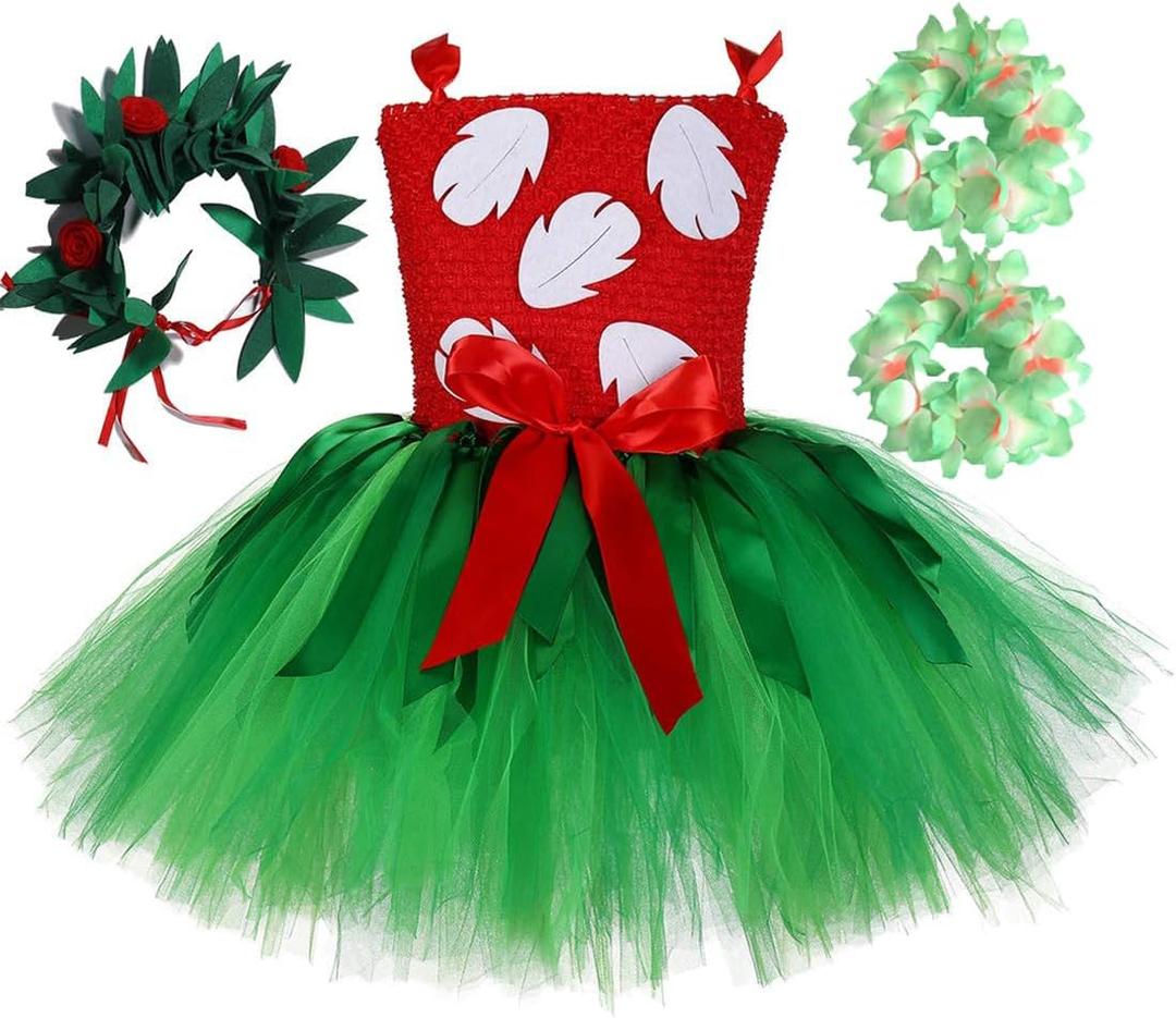 Tutu Dreams Summer Hawaiian Red Green Tutu Dress for Girls with Tropical Fern Leaf Headband Birthday Party Gifts (9-10 Years)