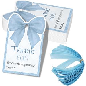 50 Pcs Pink Bow Thank You Gift Tags with Ribbon, Thank You for Celebrating with Us Tags for Coquette Baby Shower Birthday Party Favors Decoration (Blue, 2.3 * 3.6)