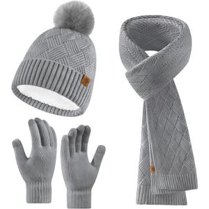 Winter Hats Scarf Gloves for women men,Winter Clothes Knitted Fleece Lined Beanie Thermal Gloves Long Scarf (Grey)