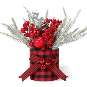 Valentines Day Decorations Valentine's Day Table Centerpieces Buffalo Check Plaid Artificial Tree Decor with Pine Cone Berry Gifts for Festival Winter Party Indoor Home Office Decor(Red)