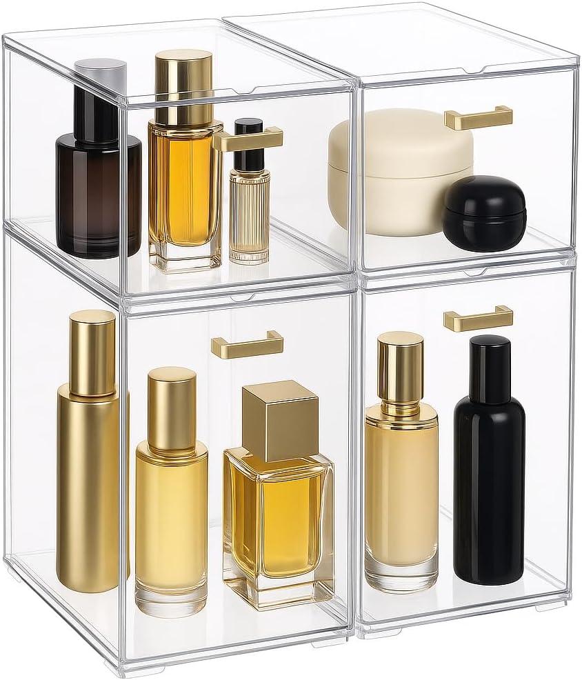 Clear Stackable Drawer Organizer, 4 Pack Acrylic Storage Drawers with Pull-Out Design, Space-Saving Organizer for Bathroom, Vanity, Kitchen & Office