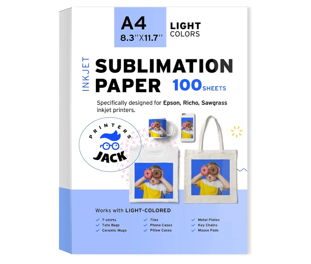 Printers Jack Sublimation Paper - Heat Transfer Paper 100 Sheets 8.3" x 11.7" for Any Epson HP Canon Sawgrass Inkjet Printer with Sublimation Ink for T shirt Mugs DIY