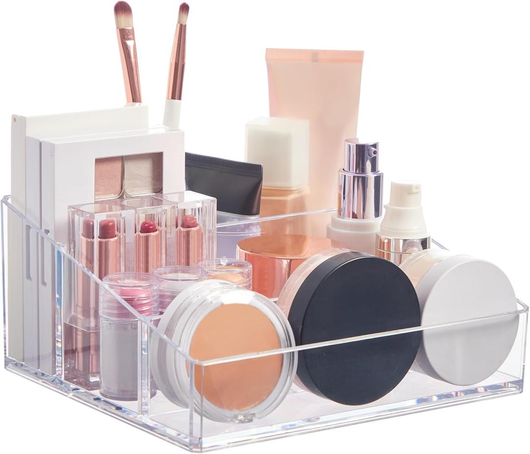 STORi Clear Plastic Small Countertop Vanity Makeup Organizer, Compact Rectangular 4-Compartment Holder for Brushes, Eyeshadow Palettes, & Beauty Supplies, Made in USA (7Lx6Wx3.13H)