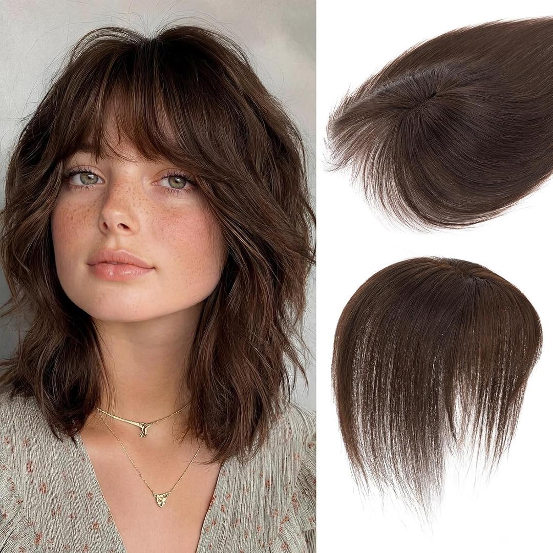 S-noilite Hair Toppers for Women Real Human Hair,10Inch Human Hair Topper with Bangs 8X11CM Lace Base 360°3D Cover Clip in Topper Hairpieces for Women Daily Wear Chocolate Brown