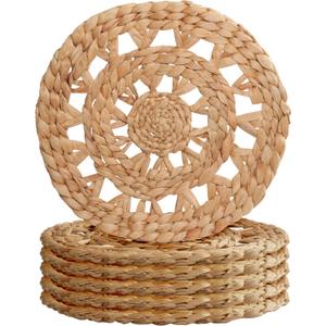 MIXUMON Woven Placemats Round, Natural Water Hyacinth Wicker Placemat for Dining Table, Large Handmade Woven Placemats Heat Resistant Non-Slip (13" - Set of 6)