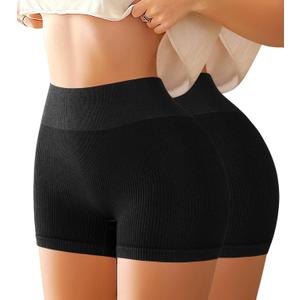 High Waisted Slip Shorts for Under Dress Womens Tummy Control Seamless Boyshorts Panties Gym Running Ribbed Boyshorts (Large, Black, 2pack)