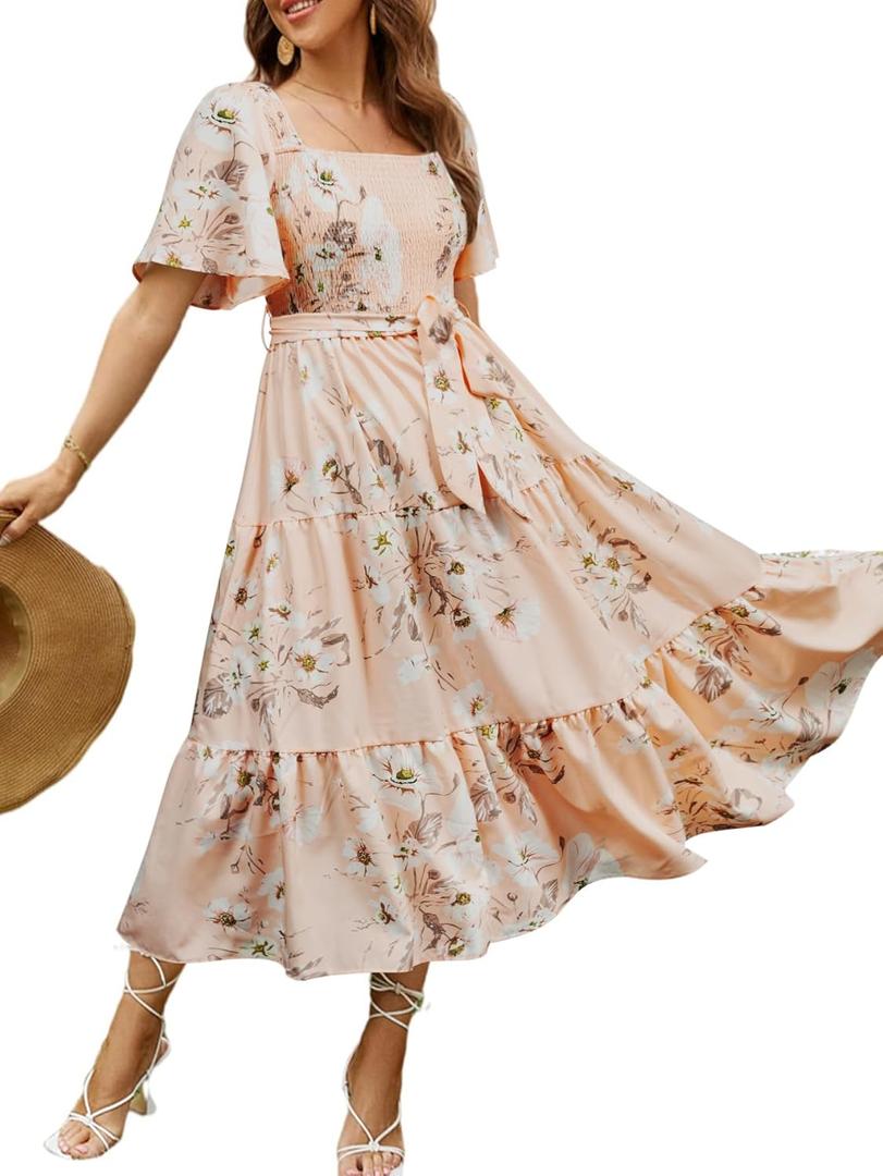 Amegoya Women's Boho Flowy Long Sleeve Square Neck Floral Midi Dress Smocked Spring Fall Wedding Guest Dresses (Large)