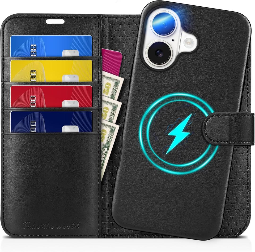 TUCCH Wallet Case for iPhone 16, Removable 2 in 1 RFID Blocking [4 Card Slots] [Wireless Charging] Kickstand PU Leather Magnetic Detachable Protective Folio Cover Compatible with iPhone 16 6.1", Black