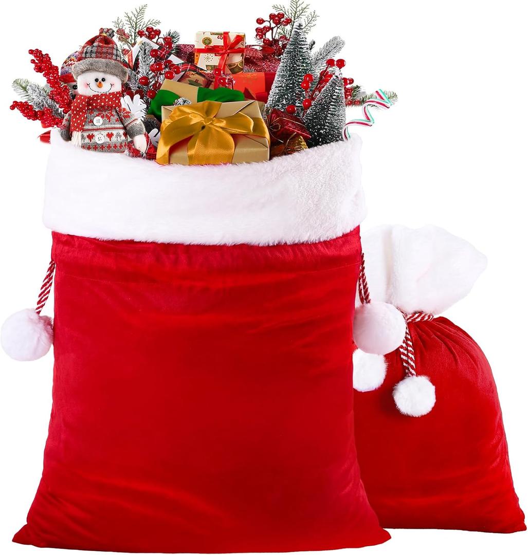 DIYDEC 2pcs Christmas Velvet Santa Bags with Drawstring Christmas Red Santa Gift Bags Large Gift Sack for Xmas Present Party Supply Costume Holiday Wrapping