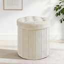 CAROLMADE Round Storage Ottoman, Velvet Folding Footrest Stool with Thicker Foam Padded Seat, Versatile Vanity Stool for Living Room, Bedroom or Dorm, Beige
