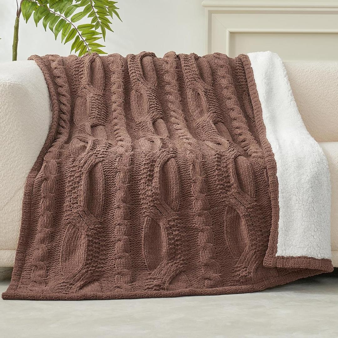 Amlie Home Cable Knit Throw Blanket for Couch, Chenille Sherpa Soft Cozy Throw Blankets for Sofa Chair Comfortable Home, 50"x60", Brown