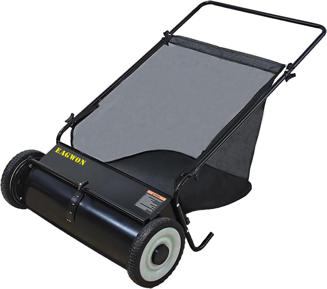 Push Lawn Sweeper, 26-Inch Width, 7 Cu. Ft. Hopper Capacity, 4 Spinning Brushes, Adjustable Height, Durable Steel Frame with Rubber Wheels, Ideal for Leaves and Grass (Black)