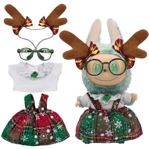 17CM Doll Deerlet Clothes Set for Lububu (NO Doll) ,Cute and Unique 4PC Christmas Set Clothes Dress Headwear Glasses,Doll Clothing for Trendy Blind Box,Lububu Costume for Humans (Dress) Pack of 2