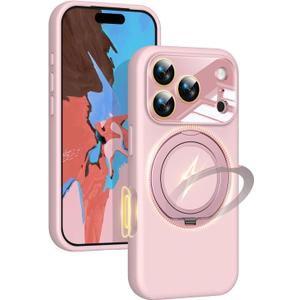 Silicone 360 Spin Magnetic Stand Case for iPhone 17 Pro, [Compatible with Mag-Safe][Reinforced Hard Camera Protection] Liquid Silicone Rubber Phone Case Cover with Ring, Camera Button, Pink