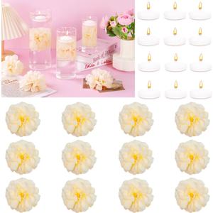 24 Pcs Floating Candles for Centerpieces and Floating Flowers for Centerpieces Champagne Artificial Flowers Vase Fillers for Wedding Table Party Home Decoration