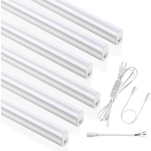 (6 Pack) 4FT T5 LED Integrated Fixture, 6500K, 20W, 2300LM(Super Bright White) Linkable LED Shop Light, Garage Ceiling and Cabinet Light, Strip Light, Corded Electric with ON/ Off Switch