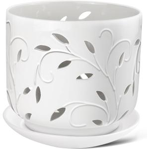 Orchid Pots with Holes, 7 Inch Orchid Pots with Drainage Holes and Tray, Indoor or Outdoor Ceramic Flower Pot for Orchid Care, Promoting Air Circulation - White