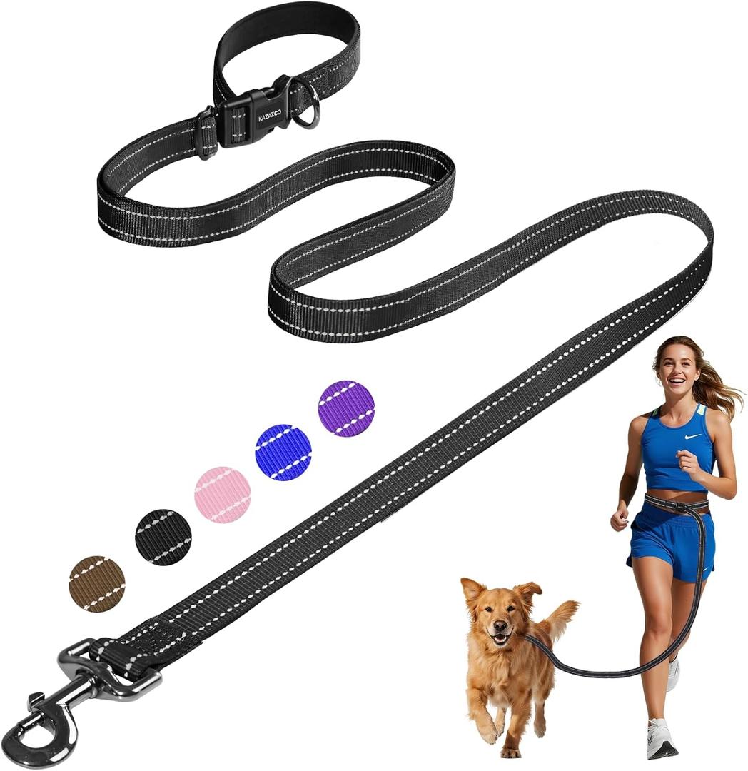 Kazazoo Hands-Free Dog Leash Adjustable Length 5-8Ft, Waist for Dog Walking, Running for Small &Medium Dogs with Reflective Strips, Ballistic Nylon, Waist Belt, Lightweight Black