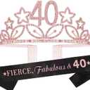 MEANT2TOBE 40 and Fabulous Sash and Tiara Set for Women Forty and Fierce Glitter Sash and Rhinestone Crown - Elegant Accessories for 40th Birthday Decorations - Pink