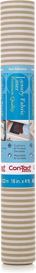 Con-Tact Brand Luxury Fabric Liners, Non-Adhesive Drawer and Shelf Liner, Multi-Functional Protective Liner, 18" x 4', Pajama Stripe Tan, Pack of 1 Roll, 18"W x 48"L