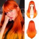 ENTRANCED STYLES Copper Red Straight Wig with Bangs Long Giner Wigs for Women 22inch Synthetic Cosplay Party Wig Wear (Orange Ombre)
