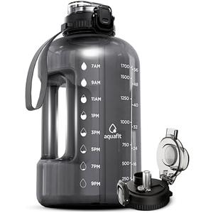 AQUAFIT Half Gallon Water Bottle with Time Marker - Straw & Chug Lid - BPA Free Gym Water Bottle with Straw - Big Gallon Jug (Gray, 64 oz - 2in1 Lid)