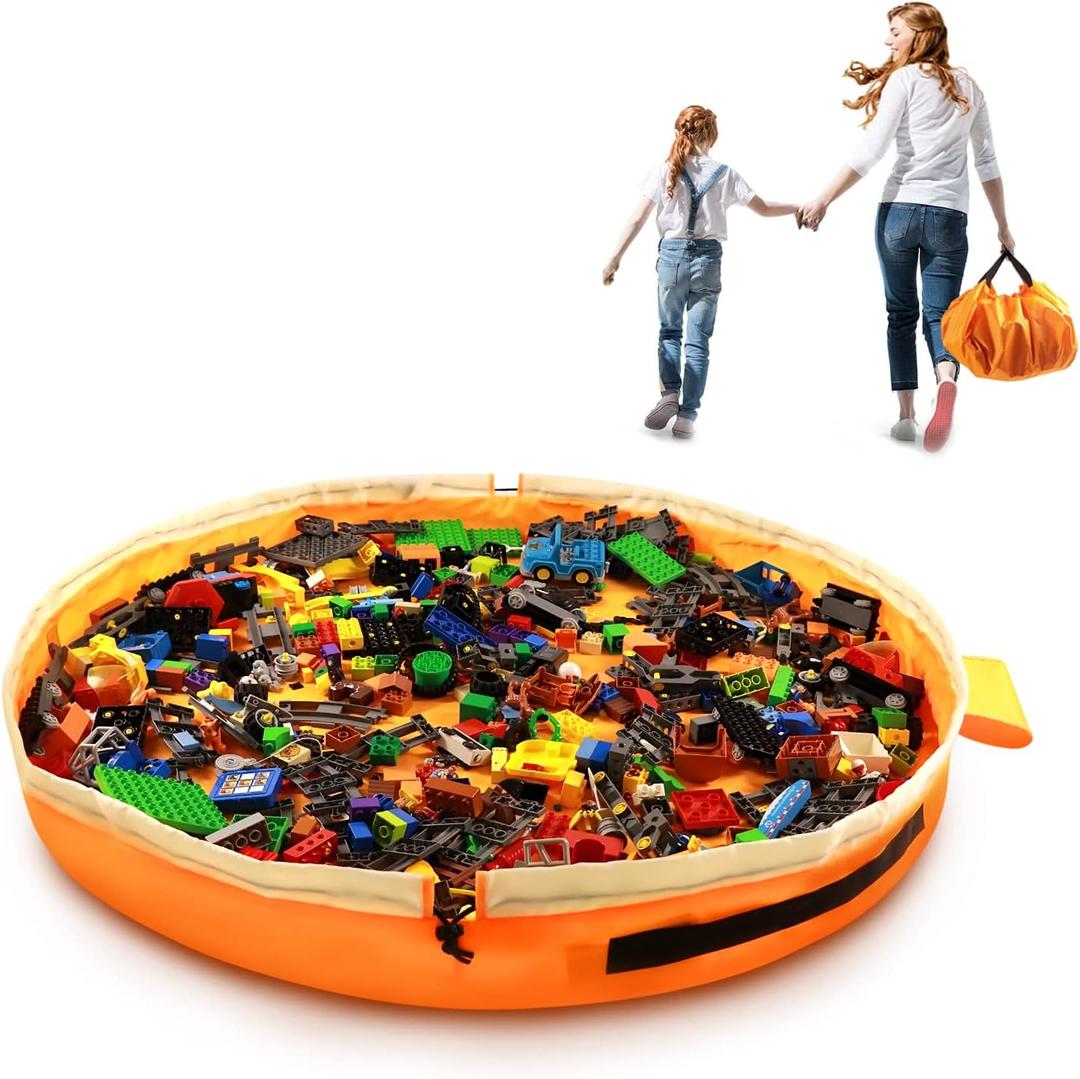 Toy Storage for Lego Play Mat Bag - Duplo Toy Organizer Storage Bag by Drawstring for Kids Tidy Toy with Lips can as Gift (Orange 47 inch) (Big)