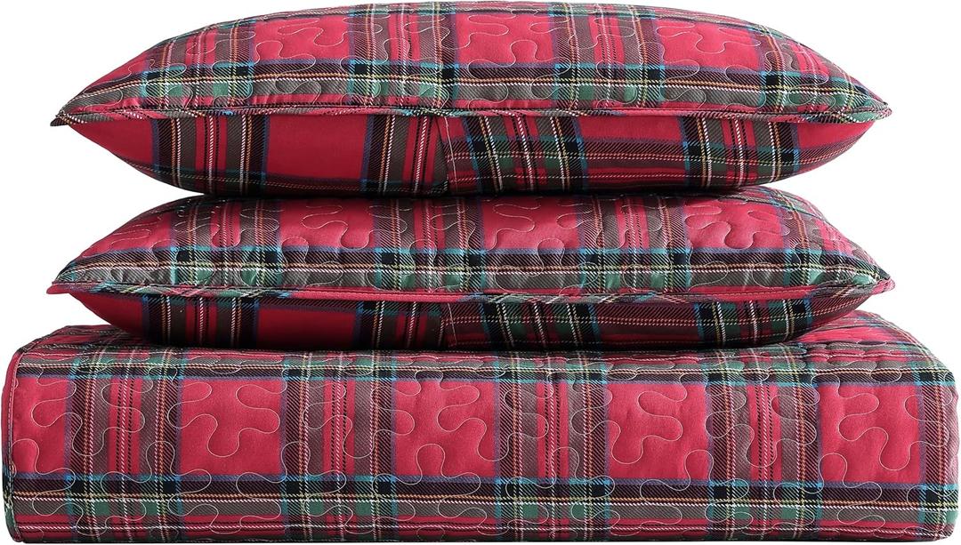 Beatrice Home Fashions Lightweight King Holiday Quilt Bedding Set Tarick Plaid, Red, Black, Green