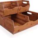 [Upgraded] 2-tier Stackable Bamboo Pantry Storage Bins, Potato and Onion Storage Baskets with Handles, Removable Divider, Pantry Organizer Holder for Kitchen, Office, Cabinet, Fruit Storage (Walnut)