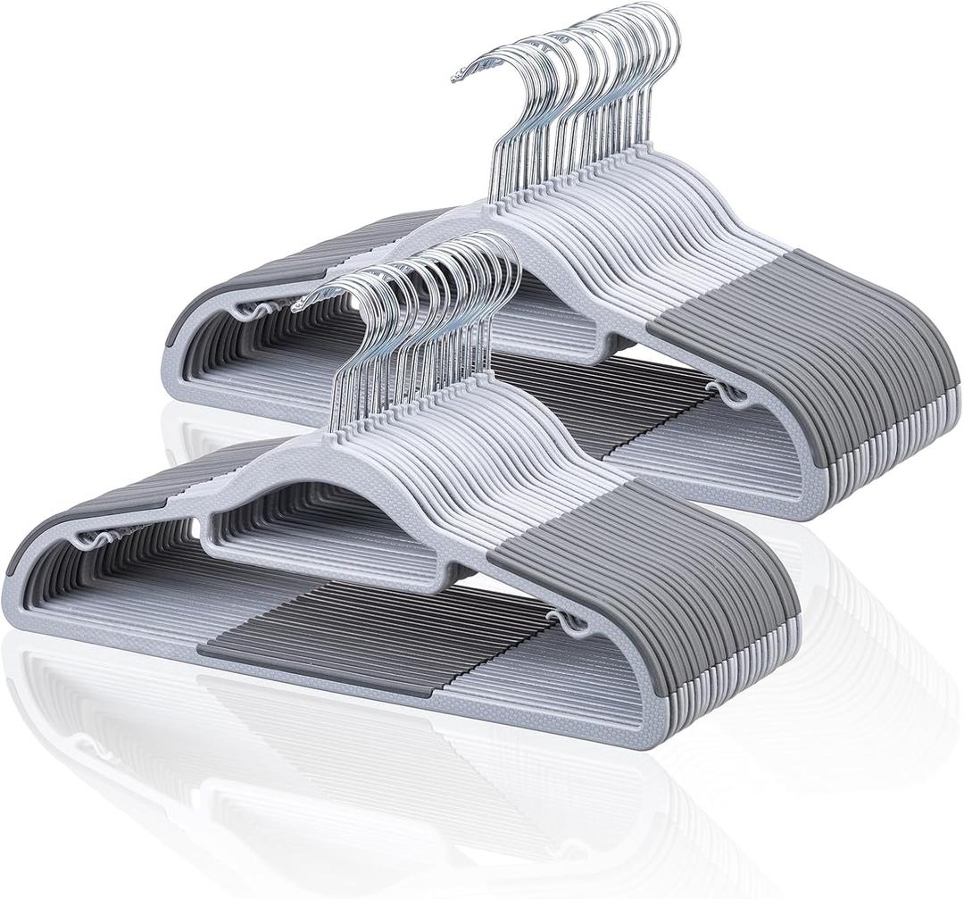 Tonswachic Pack of 50 Coat Hangers, Space-Saving Plastic Clothes Hangers, Non-Slip, 0.2 Inches Slim, 360 Swivel Silver Hook for Shirts, Pants & Wet/Dry Garments, Light and Dark Gray