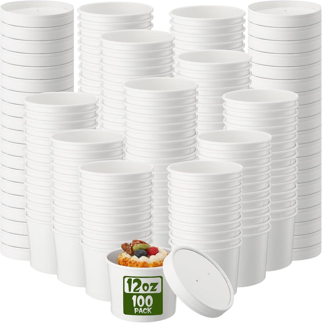 Fulmoon 100 Pack Paper Soup Containers with Lids Disposable Paper Food Containers with Vented Lid Kraft Ice Cream Cake Dessert Cups Soup Bowl for Party Hot Food Fruit Microwave(12 oz,White)