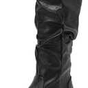 Women's Slouchy Knee High Boots Pull On Flat Boots with Side Zipper Fall Winter Western Cowgirl Booties for Women Soft Faux Leather Round Toe Low Heels Combat Mid Calf Tall Dress Boots Size 8